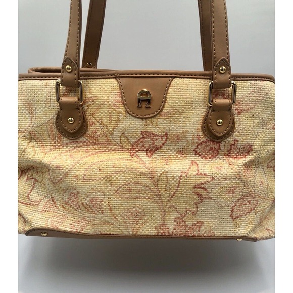 Etienne Aigner Floral  Straw Hand Bag Cream Coral‎ Camel Compartment Spring - Picture 1 of 13